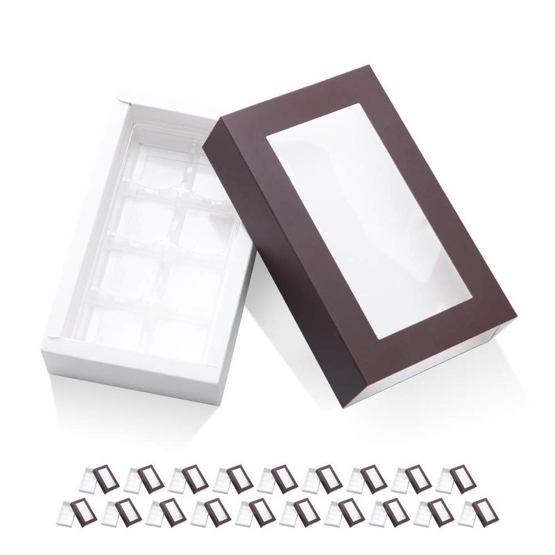 BAKIPACK 20 Truffle Box, Chocolate Box Packaging, Candy Boxes with 8-Piece Plastics Tray (Tray Size with 5.75x2.75 Inches), Pull Out Packing with Clear Window Sleeves, Dark Brown - Image 1
